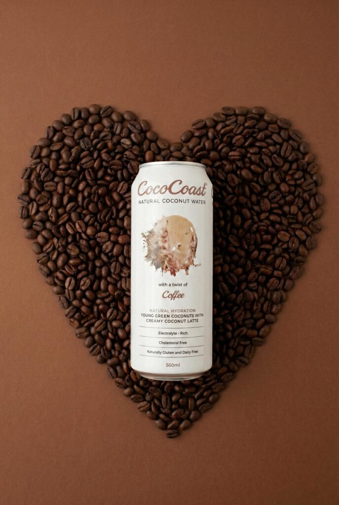 CocoCoast limited-edition coffee flavoured coconut water can surrounded by coffee beans