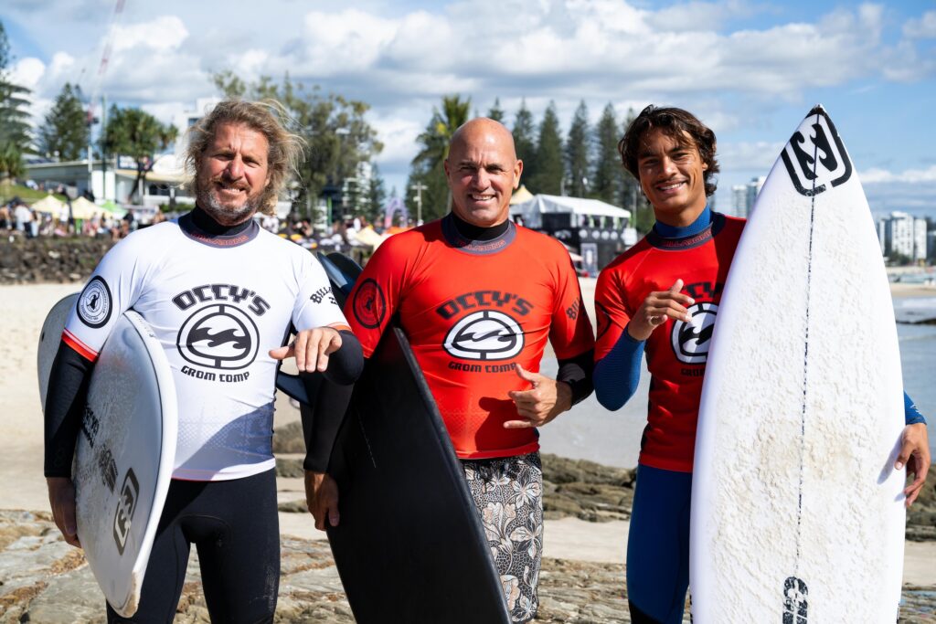 Kelly Slater and Mark Occhilupo during the Occy & Friends exhibition heat at the 2026 Billabong Occy's Grom Comp presented by CocoCoast.